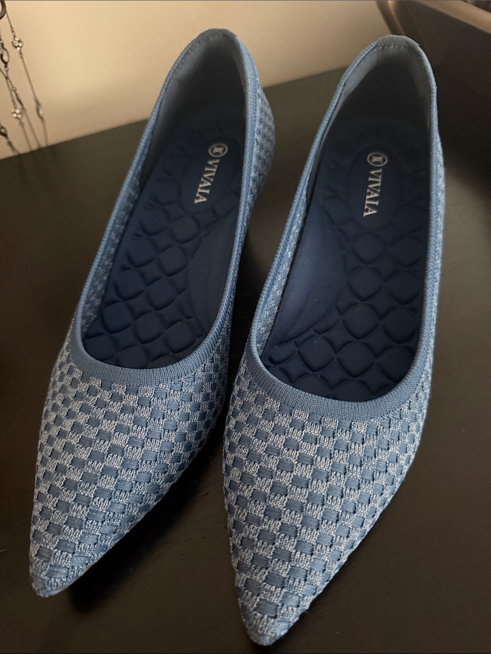 Vivaia Blue Knit Pointed Toe wedges
